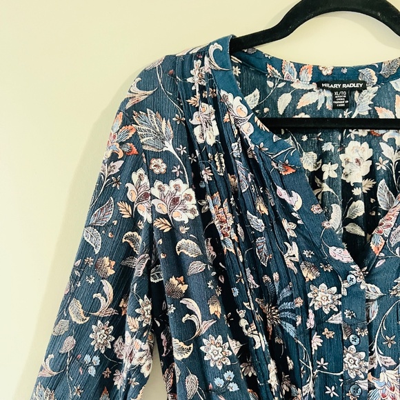 Hilary Radley Floral Navy Blue Long Sleeve Baby Doll Tunic Shirt Size XL - Picture 4 of 11